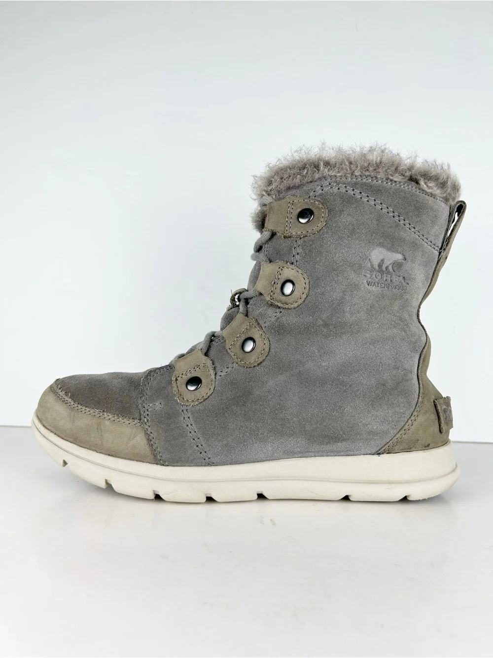 Sorel Explorer Joan Quarry Gray Suede Leather Lace Up Waterproof Ankle Boot